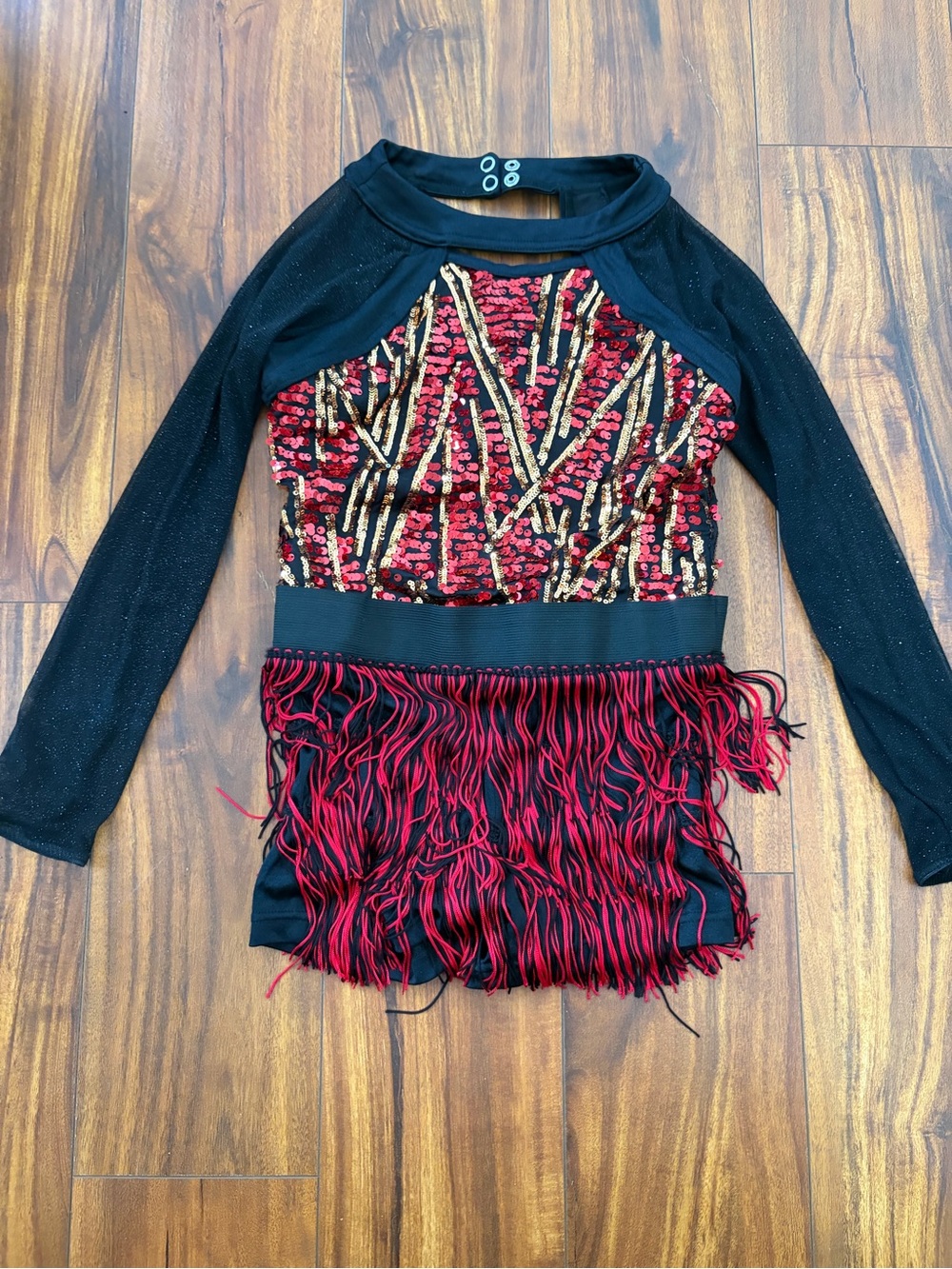 Weissman Black/Red/Gold Sequin Fringe Dance Costume Nearly New Youth Medium